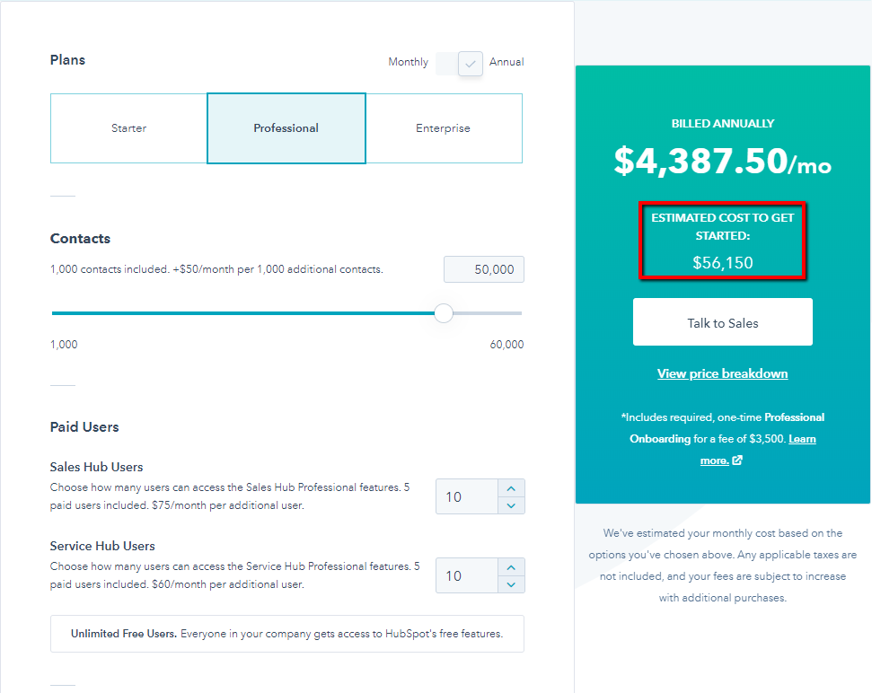 Hubspot Conversations review - HubSpot pricing - Professional plan